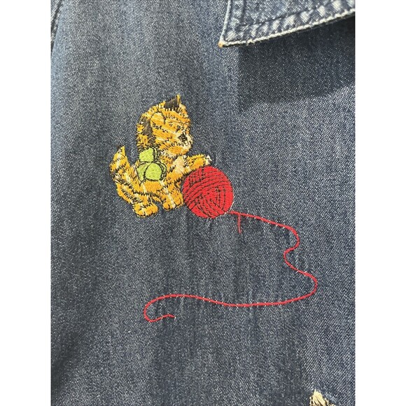 Vintage Cat Lady Shirt Women’s XL Tall Embroidered Denim Cabin Creek Button 90s - Picture 3 of 8
